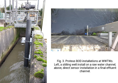 Fig 3. Two Proteus BOD installations at WWTWs. One showing a stilling well install on a raw water channel. The other showing a direct sensor installation in a final effluent channel