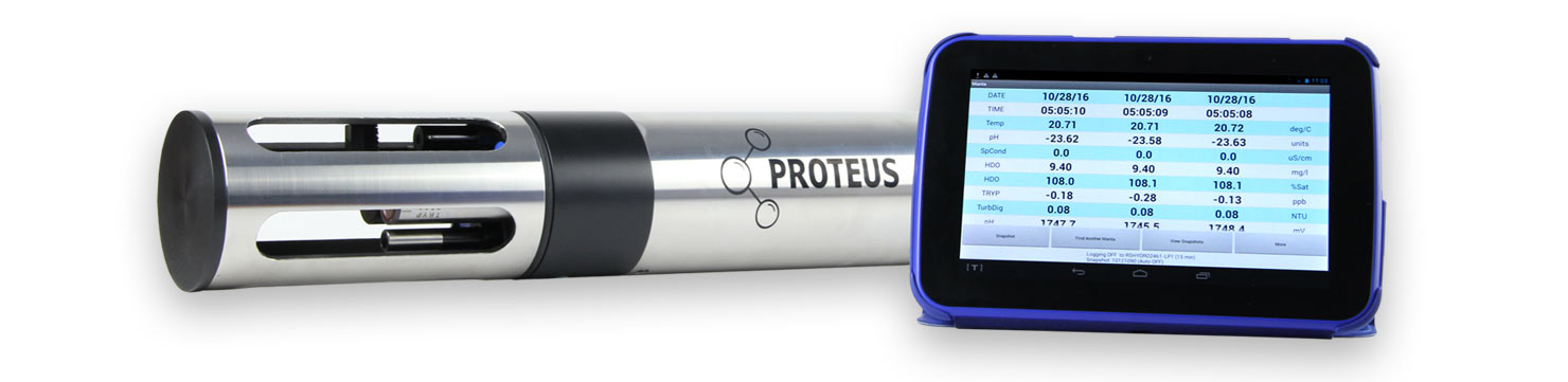 The Proteus meter alongside a tablet displaying water quality data
