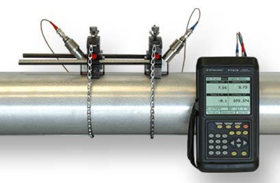 Rental PT878 ultrasonic flow meter next to pipe