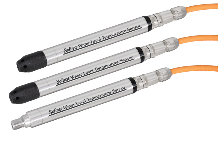 Three Solinst 301 water level temperature sensors with communication cables attached One sensor with nose cone removed 