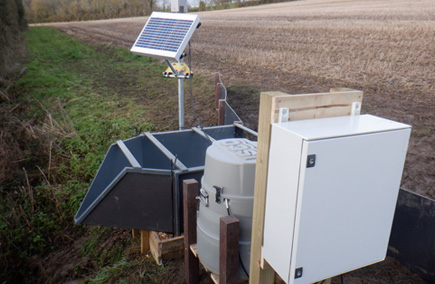 ISCO 3700 autosampler with a remote solar charging system and flume